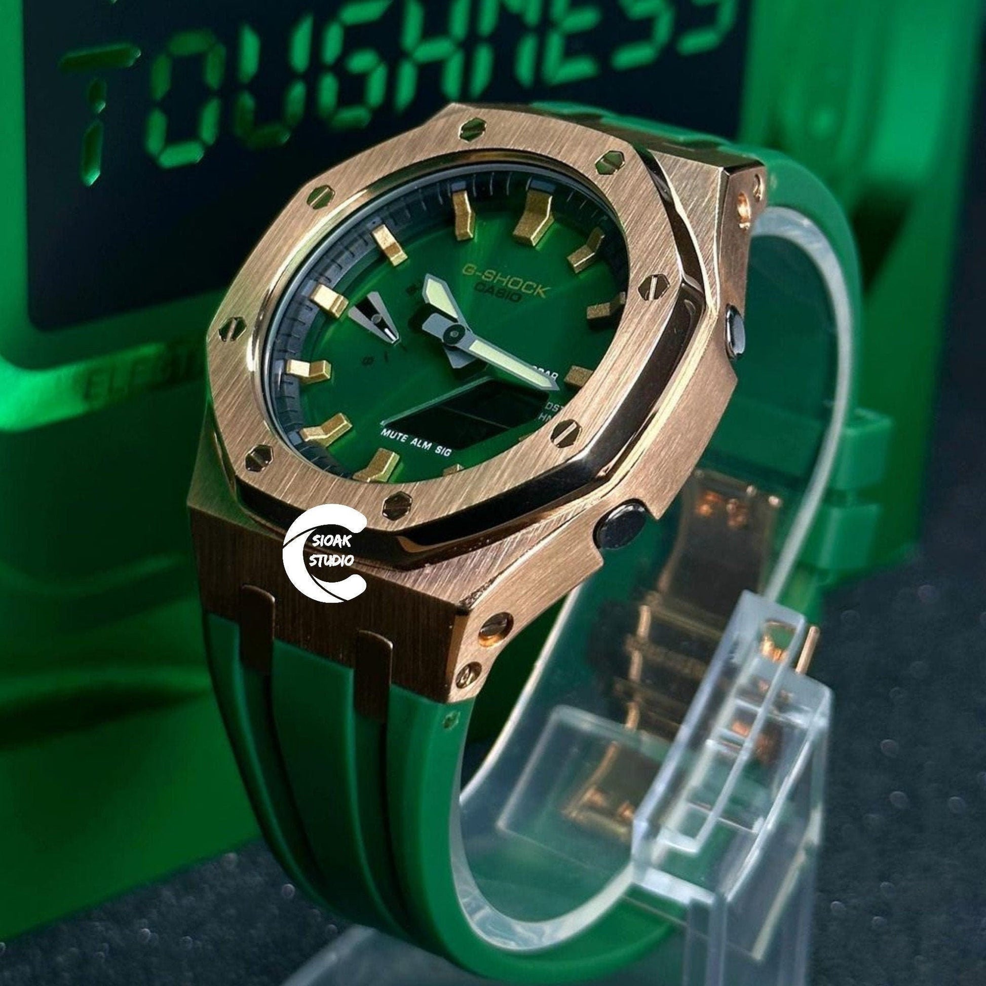 Casioak Mod Watch Rose Gold Case Green Rubber Strap Black Gold Time Mark Green Dial 44mm- Casioak Mod Casio G-Shock Royal Oak Custom Mens Luxury Watches Ga2100