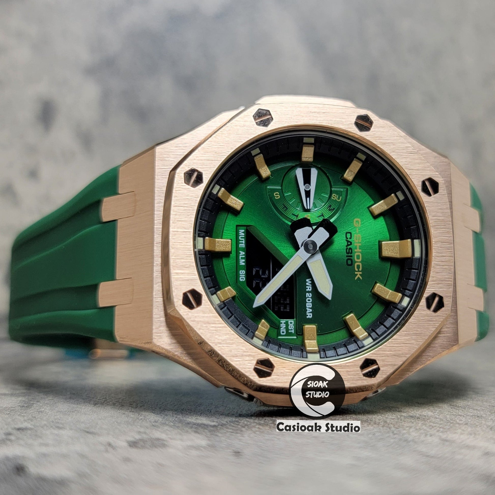 Casioak Mod Watch Rose Gold Case Green Rubber Strap Black Gold Time Mark Green Dial 44mm- Casioak Mod Casio G-Shock Royal Oak Custom Mens Luxury Watches Ga2100