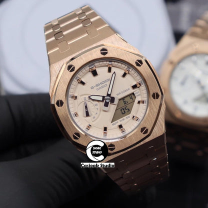 Casioak Mod Watch Rose Gold Case Metal Strap Beige Rose Gold Time Mark Beige Dial 42mm- Casioak Mod Casio G-Shock Royal Oak Custom Mens Luxury Watches Ga2100