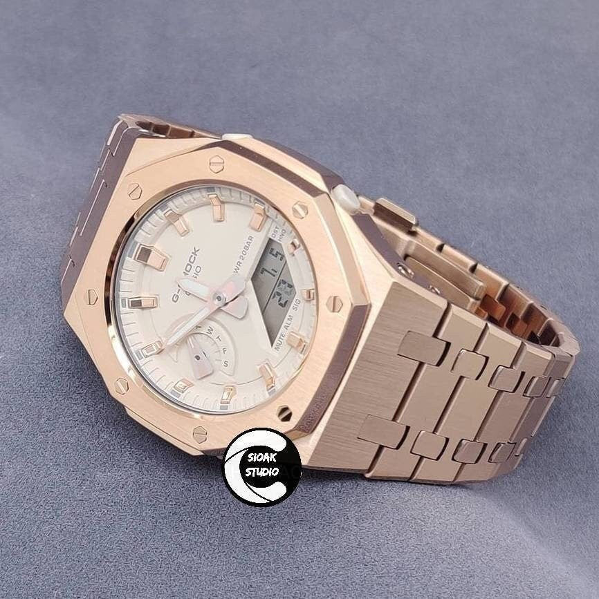 Casioak Mod Watch Rose Gold Case Metal Strap Beige Rose Gold Time Mark Beige Dial 42mm- Casioak Mod Casio G-Shock Royal Oak Custom Mens Luxury Watches Ga2100