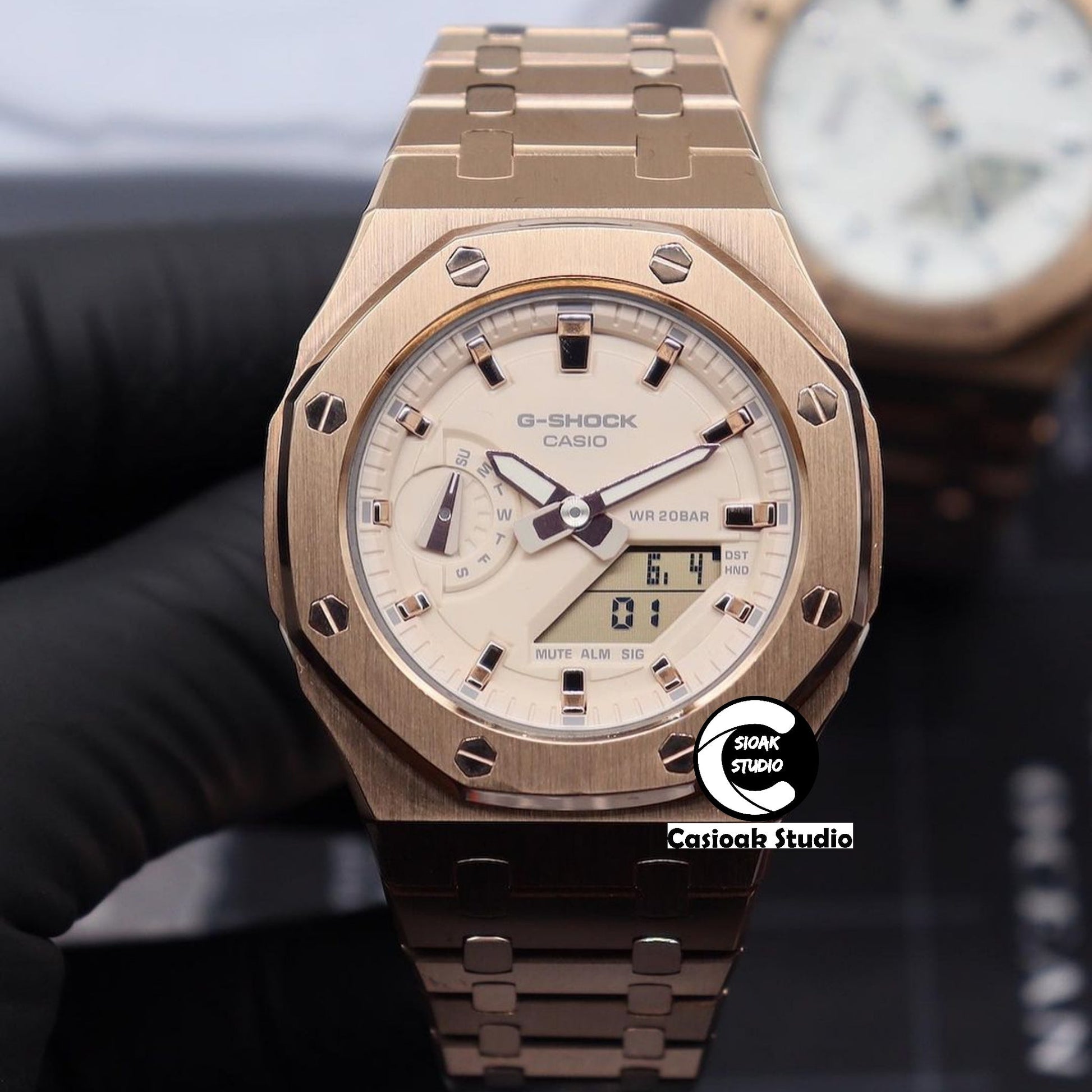 Casioak Mod Watch Rose Gold Case Metal Strap Beige Rose Gold Time Mark Beige Dial 42mm- Casioak Mod Casio G-Shock Royal Oak Custom Mens Luxury Watches Ga2100