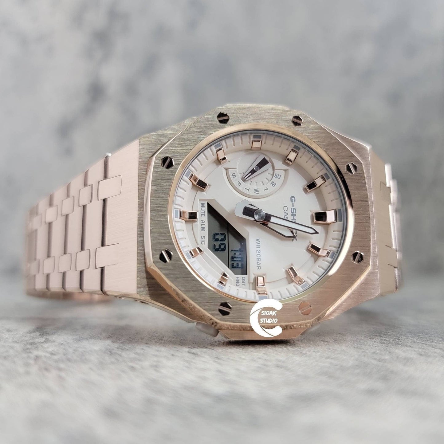 Casioak Mod Watch Rose Gold Case Metal Strap Beige Rose Gold Time Mark Beige Dial 42mm- Casioak Mod Casio G-Shock Royal Oak Custom Mens Luxury Watches Ga2100