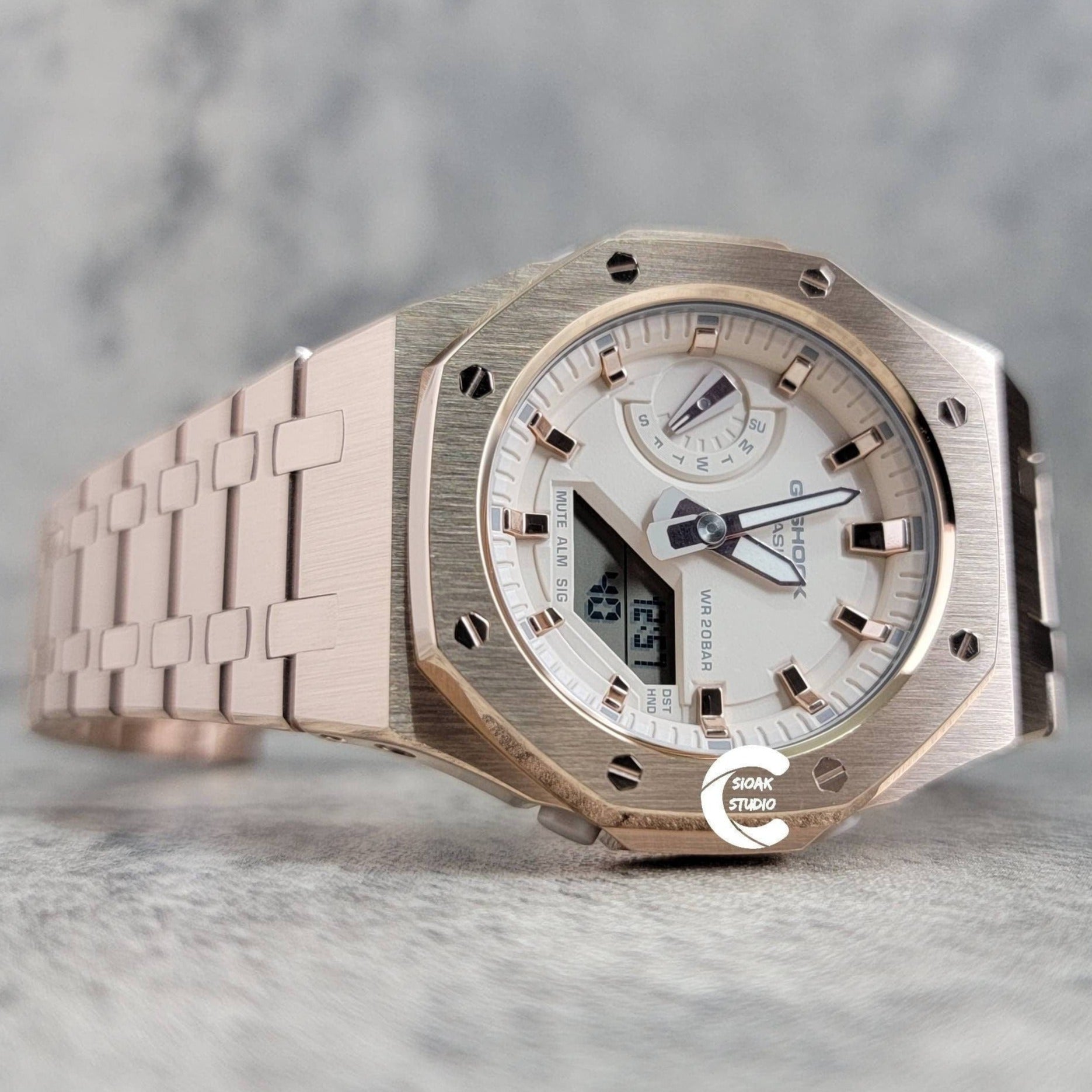 Casioak Mod Watch Rose Gold Case Metal Strap Beige Rose Gold Time Mark Beige Dial 42mm- Casioak Mod Casio G-Shock Royal Oak Custom Mens Luxury Watches Ga2100