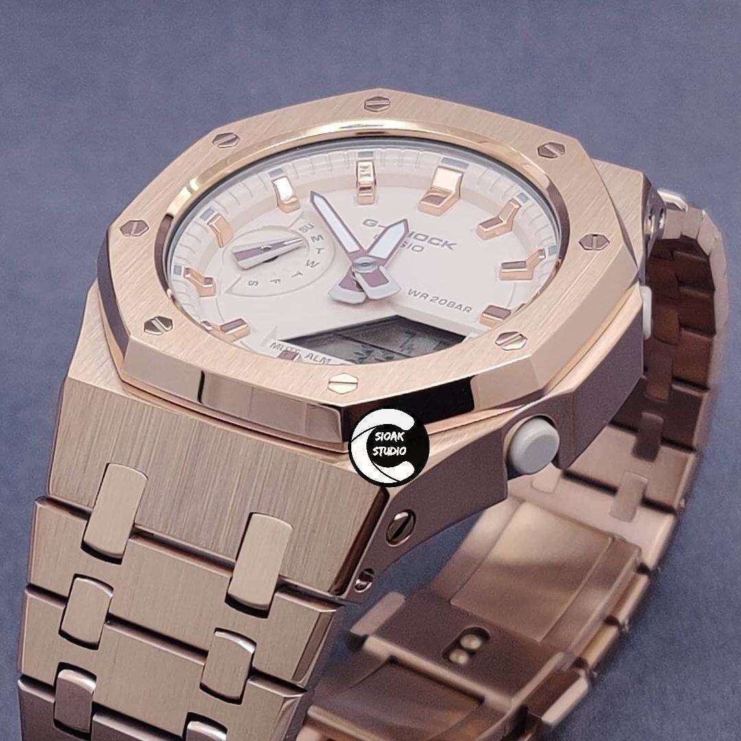 Casioak Mod Watch Rose Gold Case Metal Strap Beige Rose Gold Time Mark Beige Dial 42mm- Casioak Mod Casio G-Shock Royal Oak Custom Mens Luxury Watches Ga2100