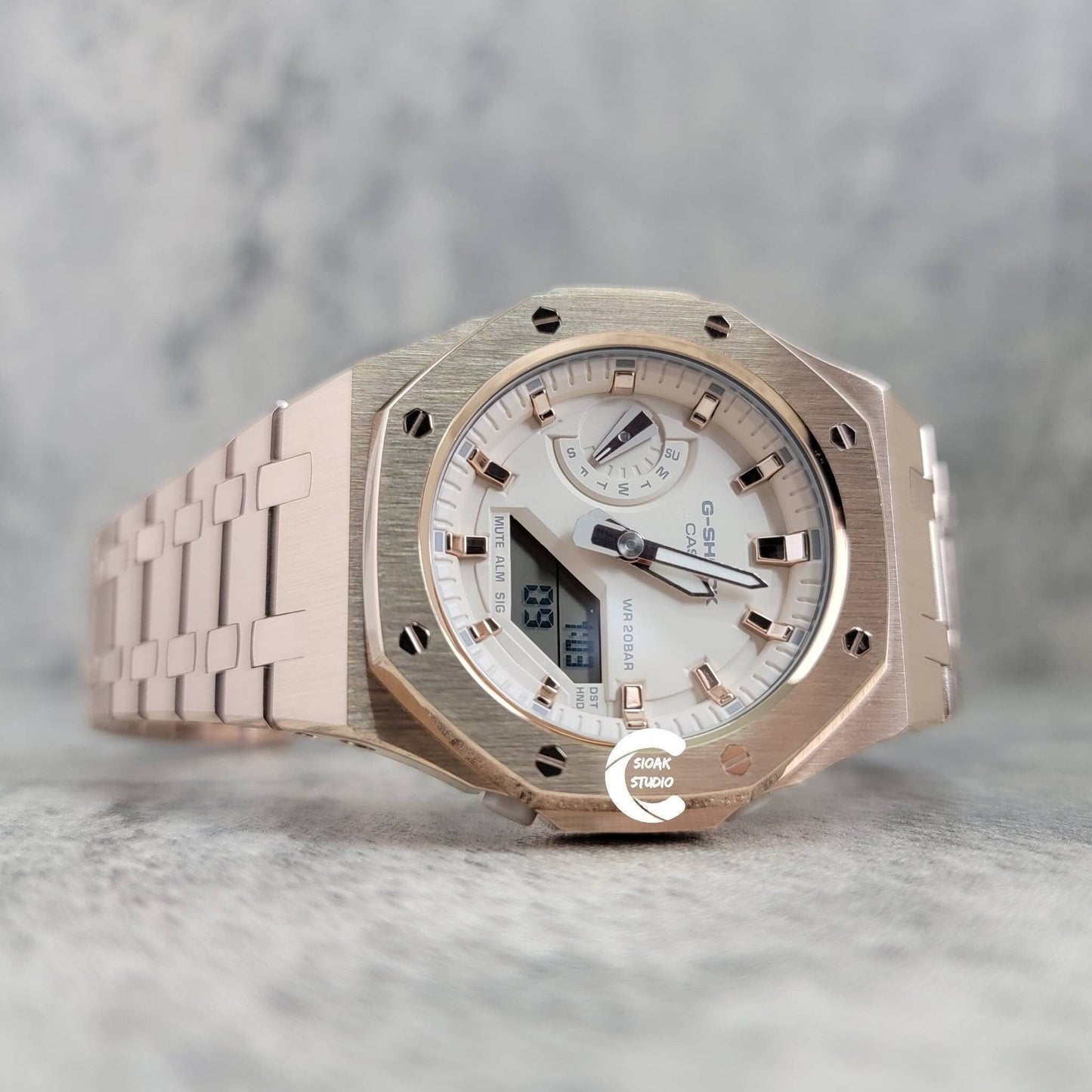 Casioak Mod Watch Rose Gold Case Metal Strap Beige Rose Gold Time Mark Beige Dial 42mm- Casioak Mod Casio G-Shock Royal Oak Custom Mens Luxury Watches Ga2100