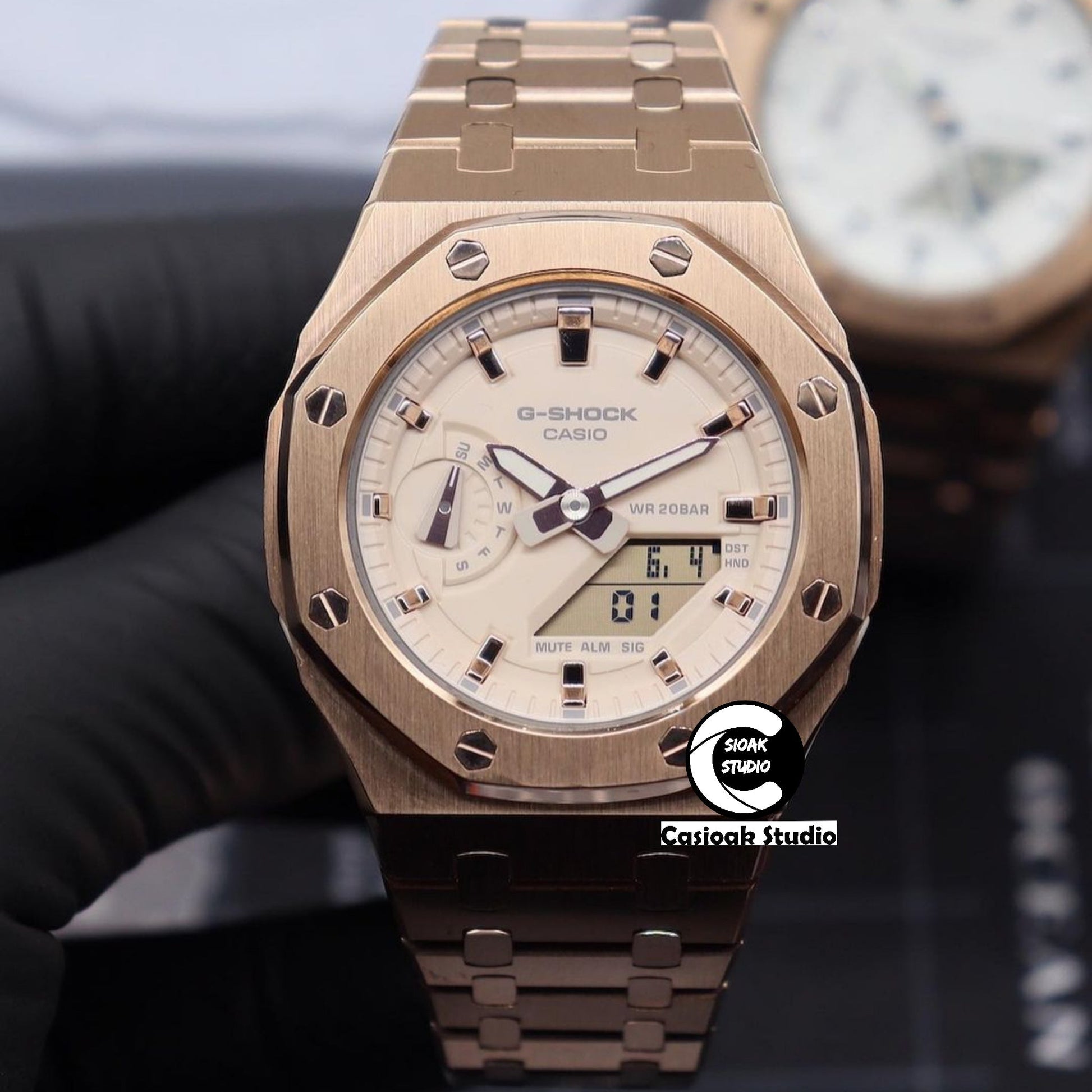 Casioak Mod Watch Rose Gold Case Metal Strap Beige Rose Gold Time Mark Beige Dial 42mm- Casioak Mod Casio G-Shock Royal Oak Custom Mens Luxury Watches Ga2100