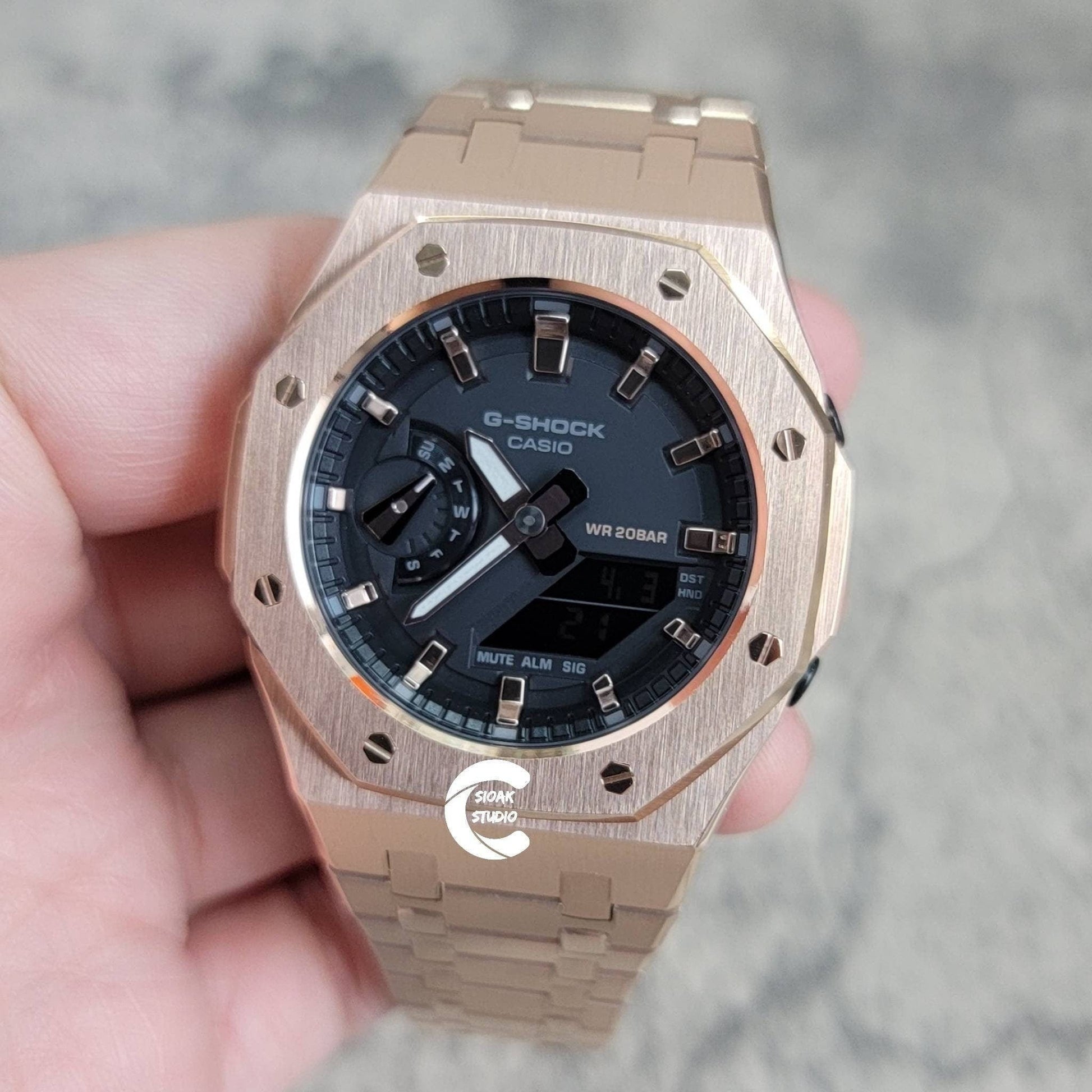 Casioak Mod Watch Rose Gold Case Metal Strap Black Gold Time Mark Black Rose Gold Dial 42mm- Casioak Mod Casio G-Shock Royal Oak Custom Mens Luxury Watches Ga2100