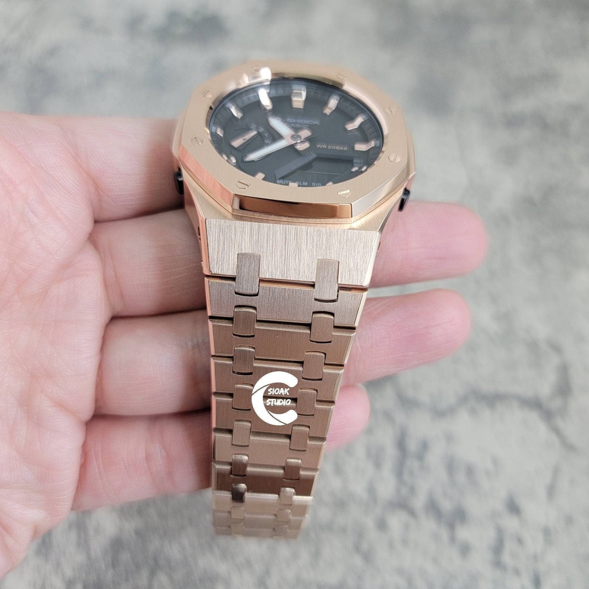 Casioak Mod Watch Rose Gold Case Metal Strap Black Gold Time Mark Black Rose Gold Dial 42mm- Casioak Mod Casio G-Shock Royal Oak Custom Mens Luxury Watches Ga2100