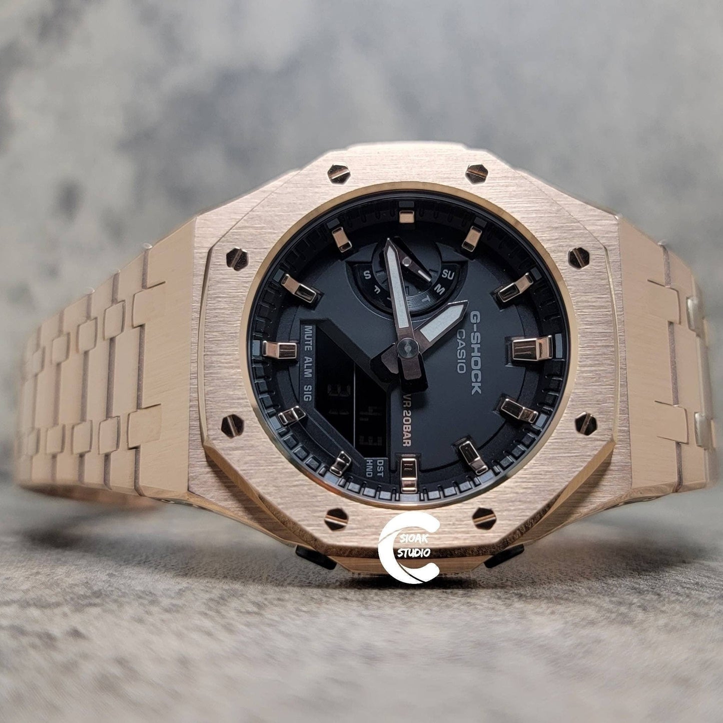 Casioak Mod Watch Rose Gold Case Metal Strap Black Gold Time Mark Black Rose Gold Dial 42mm- Casioak Mod Casio G-Shock Royal Oak Custom Mens Luxury Watches Ga2100