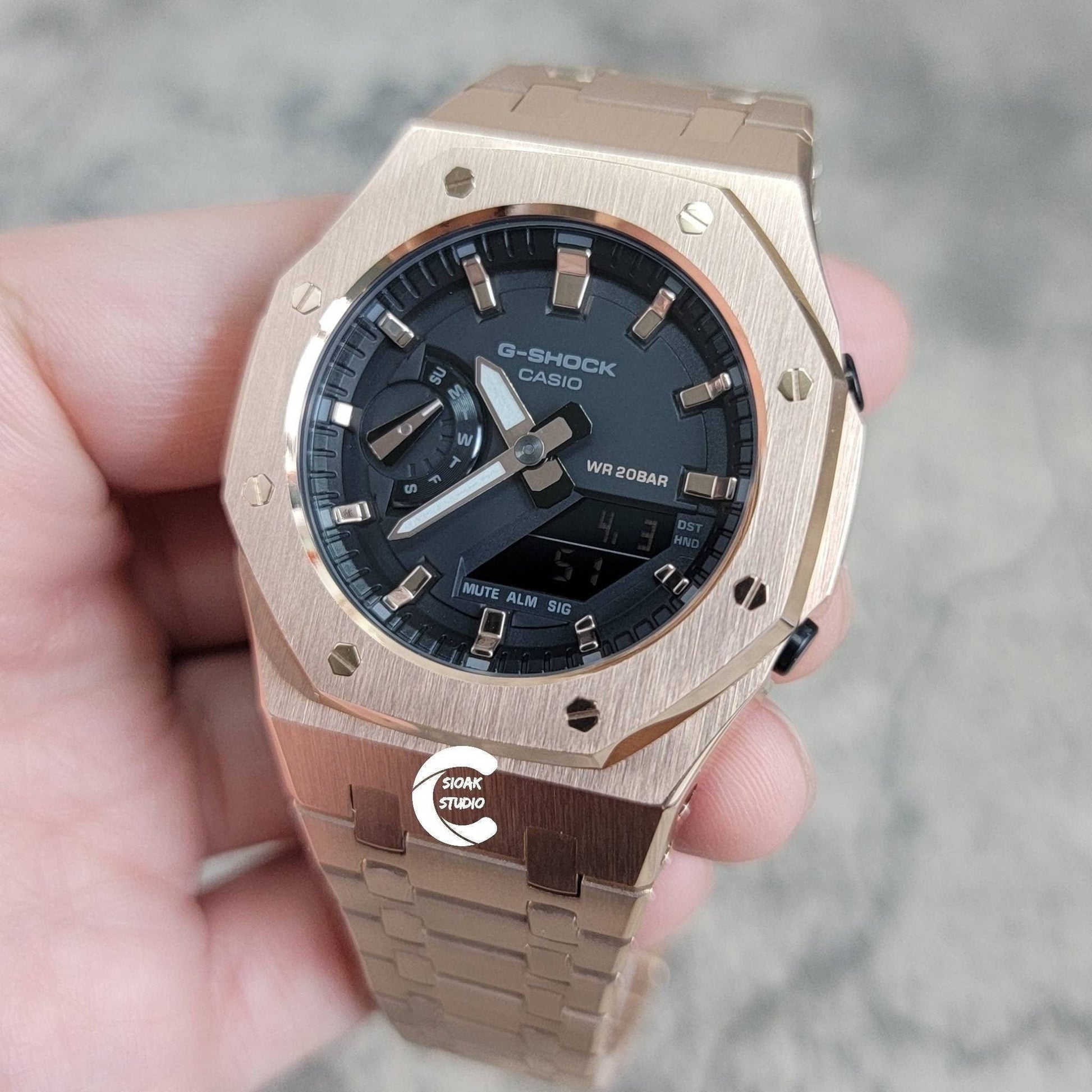 Casioak Mod Watch Rose Gold Case Metal Strap Black Gold Time Mark Black Rose Gold Dial 42mm- Casioak Mod Casio G-Shock Royal Oak Custom Mens Luxury Watches Ga2100