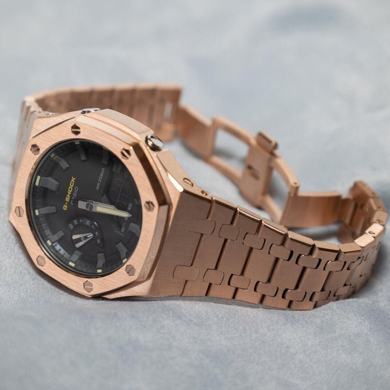 Casioak Mod Watch Rose Gold Case Metal Strap Black Gray Time Mark Black Dial 44mm Yellow Hnads- Casioak Mod Casio G-Shock Royal Oak Custom Mens Luxury Watches Ga2100