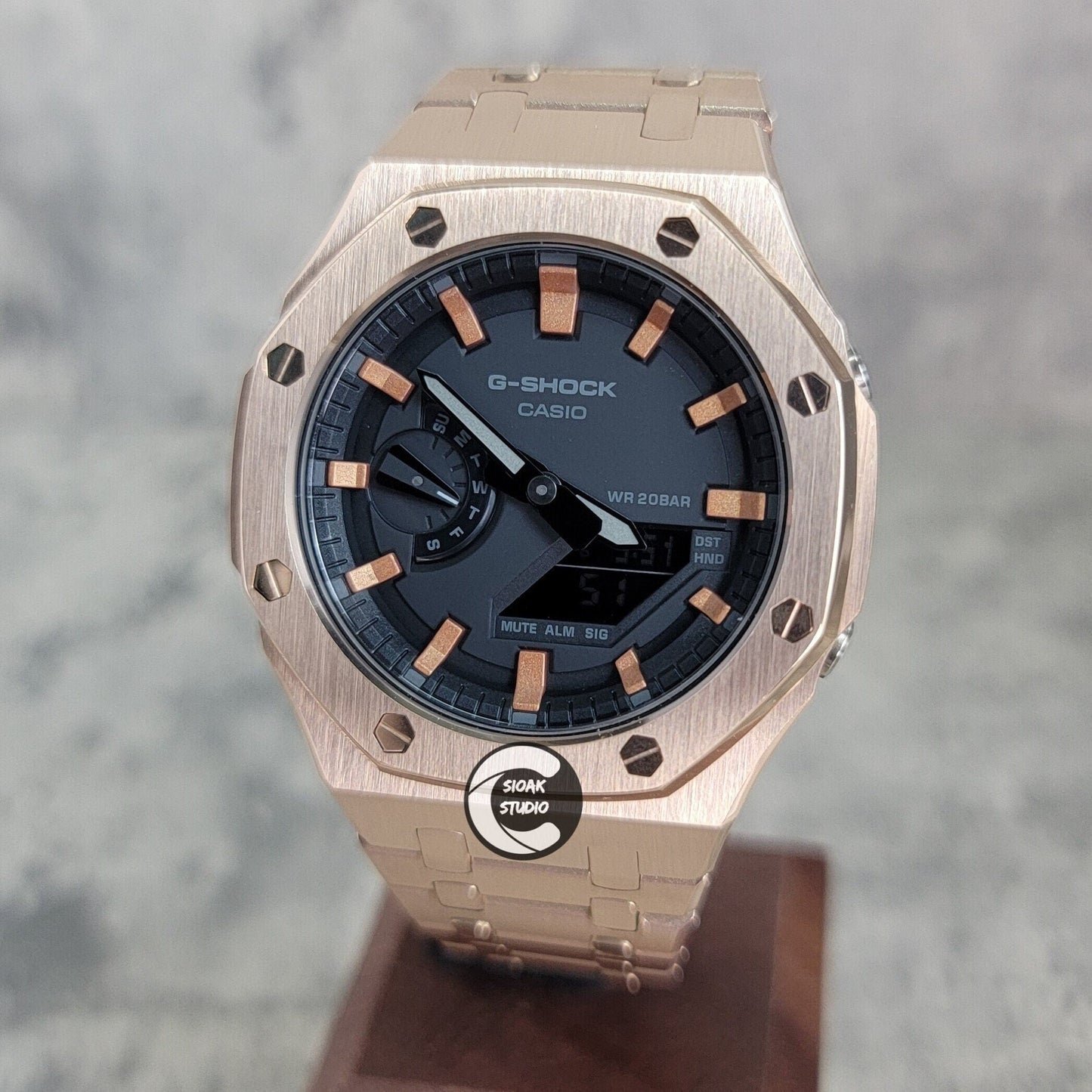 Casioak Mod Watch Rose Gold Case Metal Strap Black Rose Gold Time Mark Black Dial 44mm- Casioak Mod Casio G-Shock Royal Oak Custom Mens Luxury Watches Ga2100