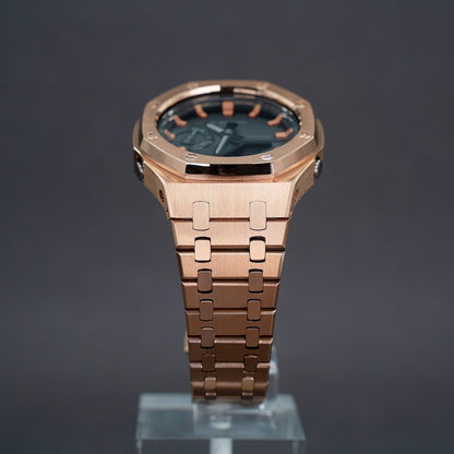 Casioak Mod Watch Rose Gold Case Metal Strap Black Rose Gold Time Mark Black Dial 44mm- Casioak Mod Casio G-Shock Royal Oak Custom Mens Luxury Watches Ga2100