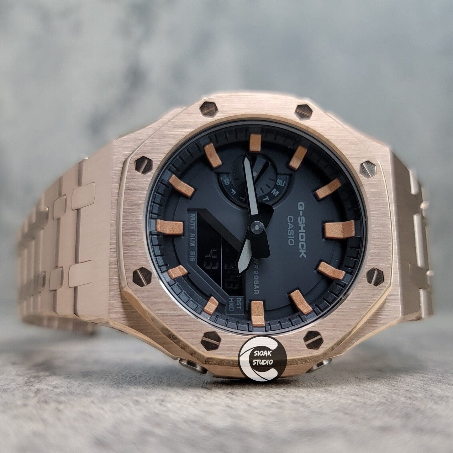 Casioak Mod Watch Rose Gold Case Metal Strap Black Rose Gold Time Mark Black Dial 44mm- Casioak Mod Casio G-Shock Royal Oak Custom Mens Luxury Watches Ga2100