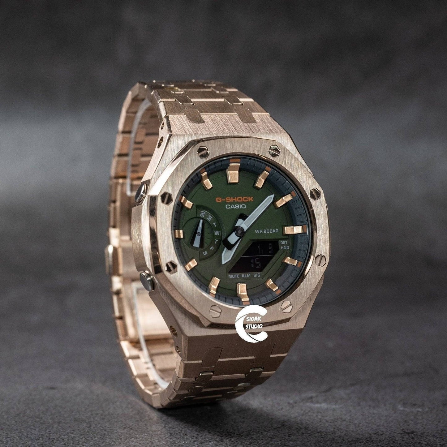 Casioak Mod Watch Rose Gold Case Metal Strap Black Rose Gold Time Mark Olive Dial 44mm- Casioak Mod Casio G-Shock Royal Oak Custom Mens Luxury Watches Ga2100