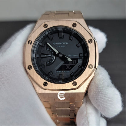 Casioak Mod Watch Rose Gold Case Metal Strap Black Time Mark Black Dial 44mm- Casioak Mod Casio G-Shock Royal Oak Custom Mens Luxury Watches Ga2100