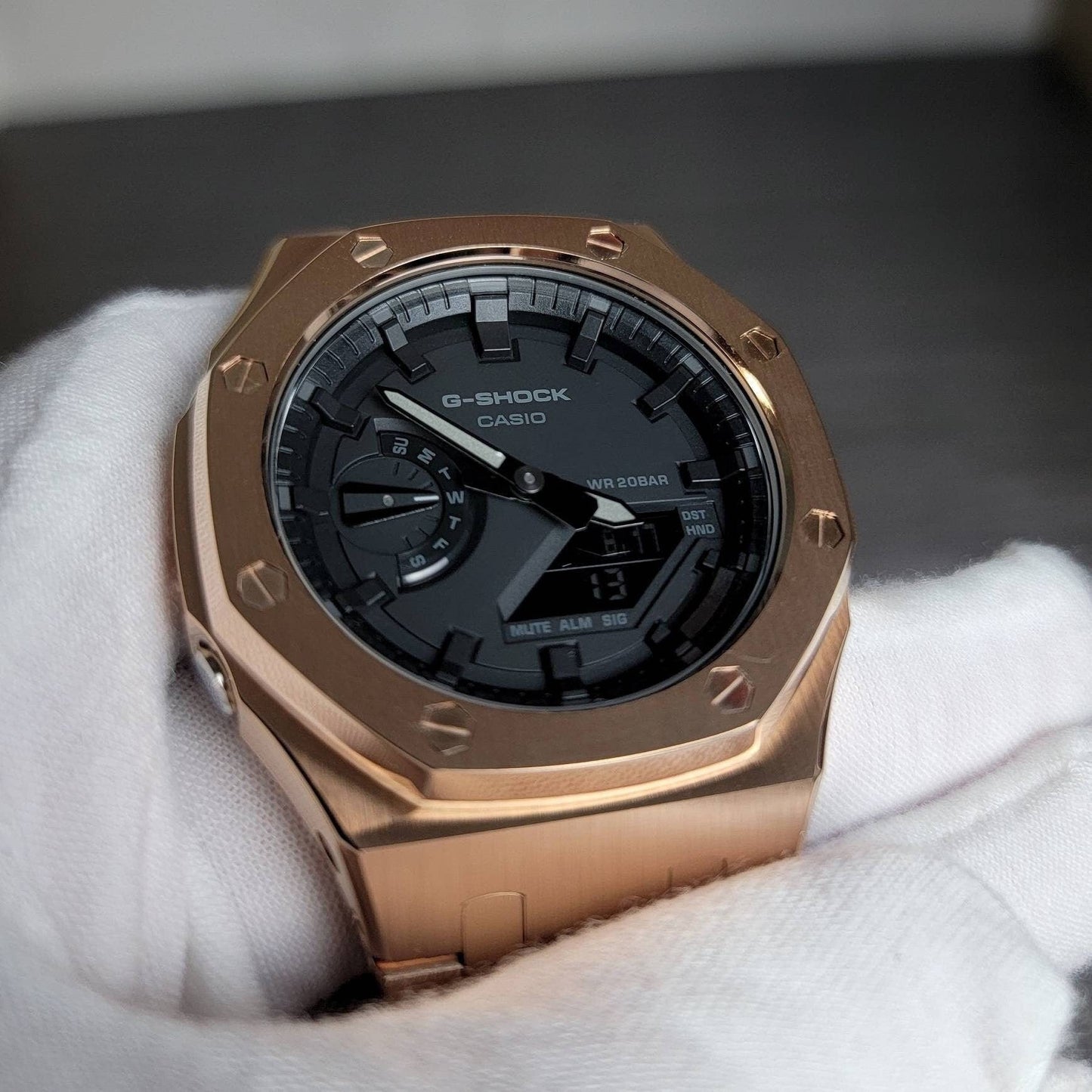 Casioak Mod Watch Rose Gold Case Metal Strap Black Time Mark Black Dial 44mm- Casioak Mod Casio G-Shock Royal Oak Custom Mens Luxury Watches Ga2100