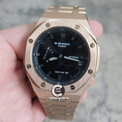 Casioak Mod Watch Rose Gold Case Metal Strap Black Time Mark Black Dial 44mm- Casioak Mod Casio G-Shock Royal Oak Custom Mens Luxury Watches Ga2100