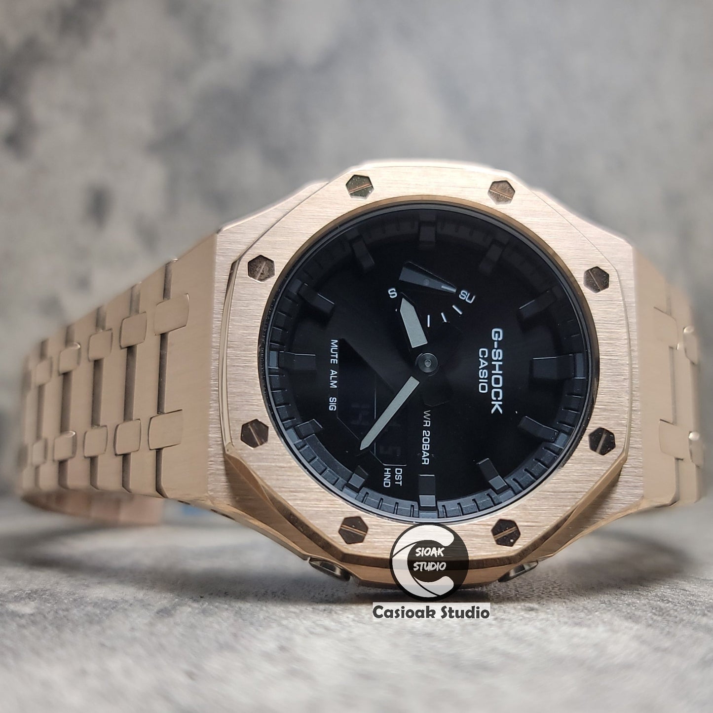 Casioak Mod Watch Rose Gold Case Metal Strap Black Time Mark Black Dial 44mm- Casioak Mod Casio G-Shock Royal Oak Custom Mens Luxury Watches Ga2100