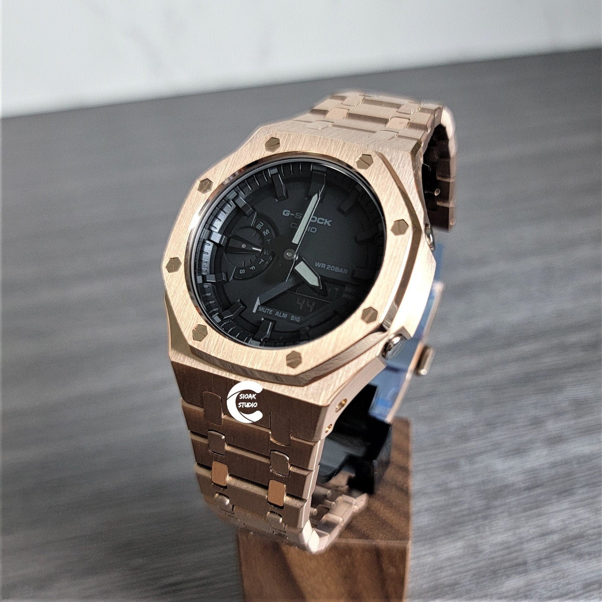 Casioak Mod Watch Rose Gold Case Metal Strap Black Time Mark Black Dial 44mm- Casioak Mod Casio G-Shock Royal Oak Custom Mens Luxury Watches Ga2100