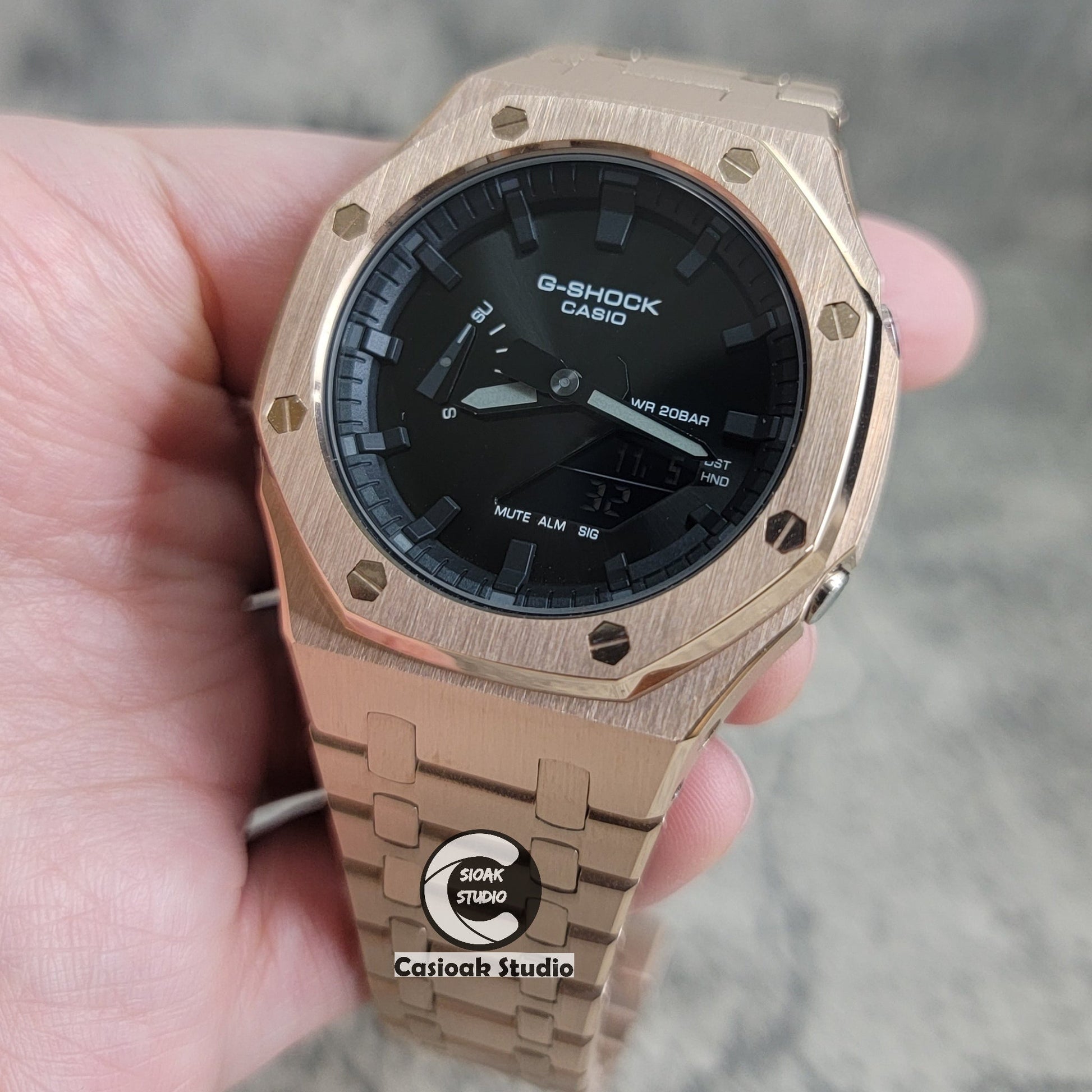 Casioak Mod Watch Rose Gold Case Metal Strap Black Time Mark Black Dial 44mm- Casioak Mod Casio G-Shock Royal Oak Custom Mens Luxury Watches Ga2100