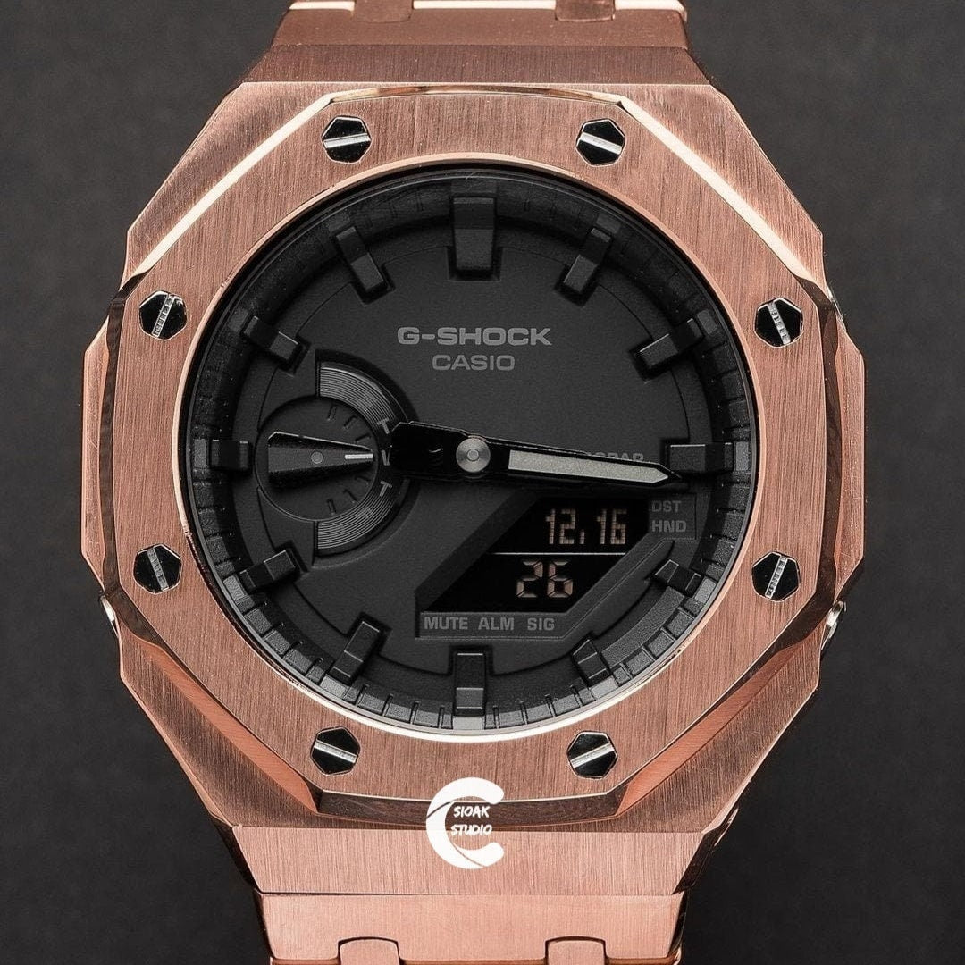 Casioak Mod Watch Rose Gold Case Metal Strap Black Time Mark Black Dial 44mm- Casioak Mod Casio G-Shock Royal Oak Custom Mens Luxury Watches Ga2100