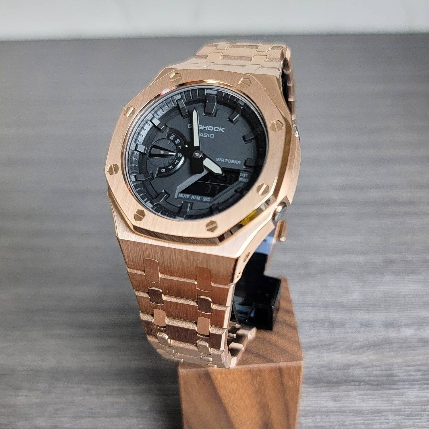 Casioak Mod Watch Rose Gold Case Metal Strap Black Time Mark Black Dial 44mm- Casioak Mod Casio G-Shock Royal Oak Custom Mens Luxury Watches Ga2100