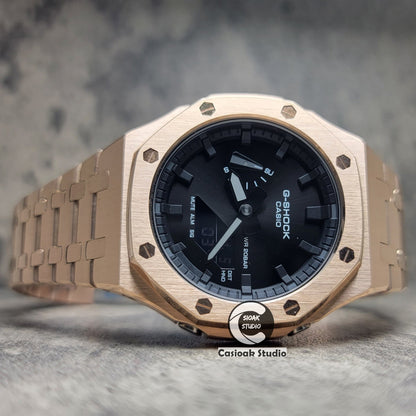 Casioak Mod Watch Rose Gold Case Metal Strap Black Time Mark Black Dial 44mm- Casioak Mod Casio G-Shock Royal Oak Custom Mens Luxury Watches Ga2100