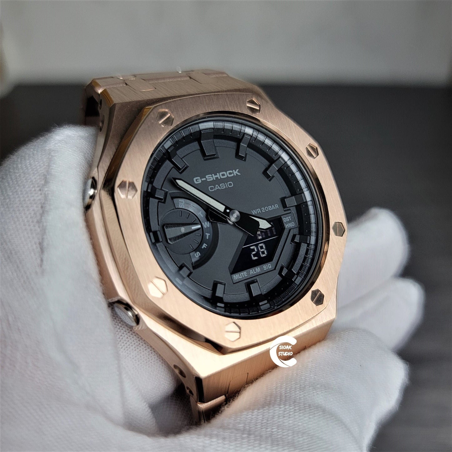 Casioak Mod Watch Rose Gold Case Metal Strap Black Time Mark Black Dial 44mm- Casioak Mod Casio G-Shock Royal Oak Custom Mens Luxury Watches Ga2100