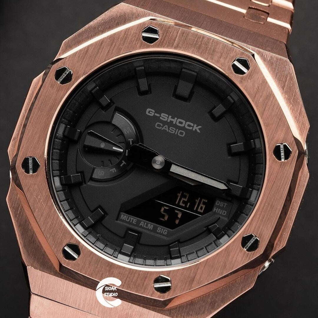 Casioak Mod Watch Rose Gold Case Metal Strap Black Time Mark Black Dial 44mm- Casioak Mod Casio G-Shock Royal Oak Custom Mens Luxury Watches Ga2100