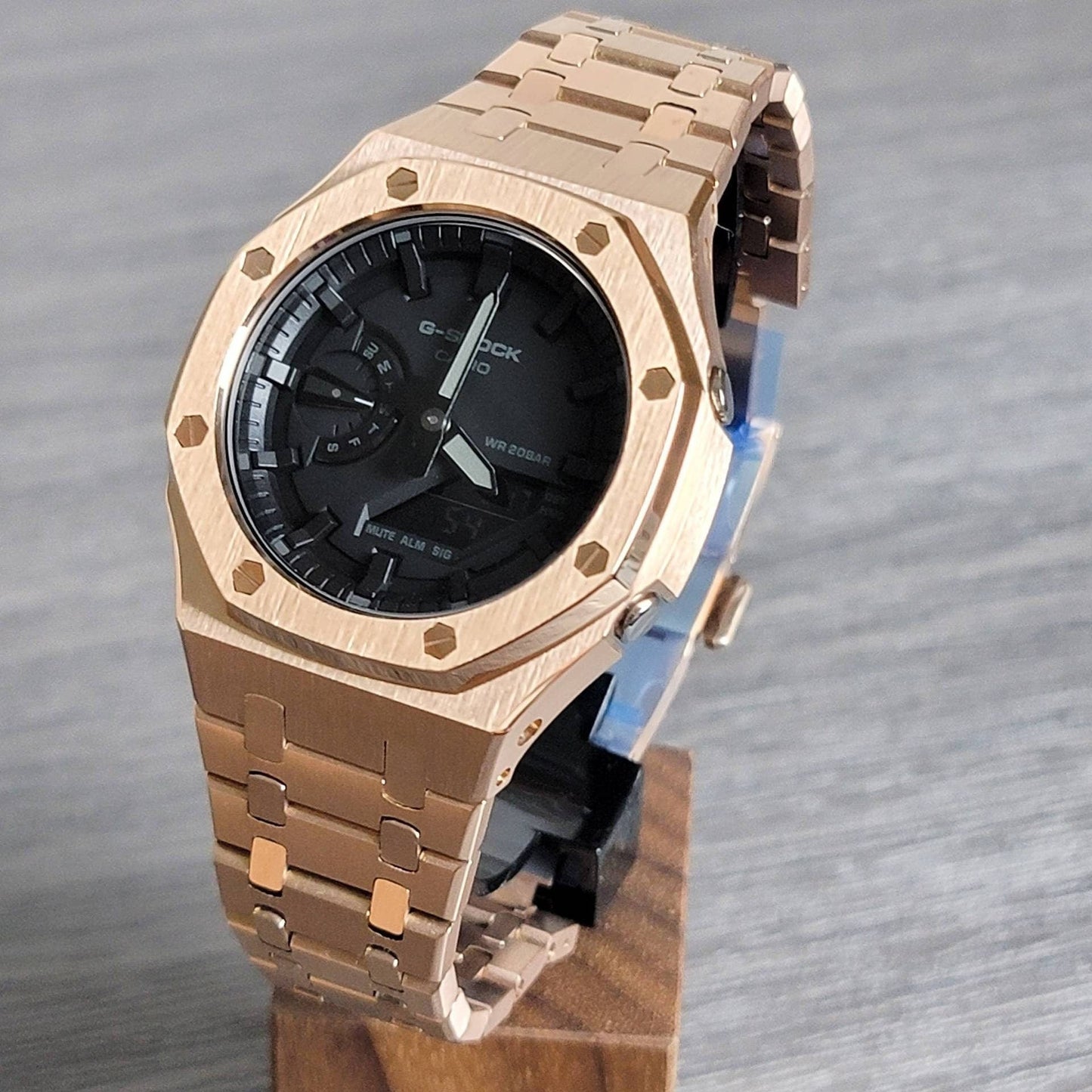 Casioak Mod Watch Rose Gold Case Metal Strap Black Time Mark Black Dial 44mm- Casioak Mod Casio G-Shock Royal Oak Custom Mens Luxury Watches Ga2100