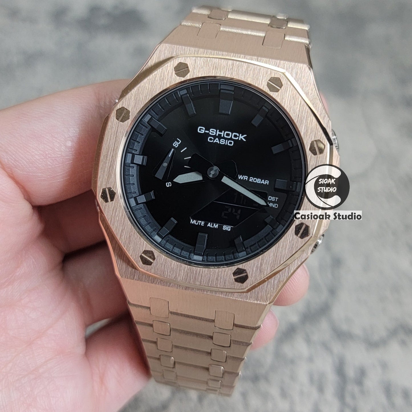 Casioak Mod Watch Rose Gold Case Metal Strap Black Time Mark Black Dial 44mm- Casioak Mod Casio G-Shock Royal Oak Custom Mens Luxury Watches Ga2100