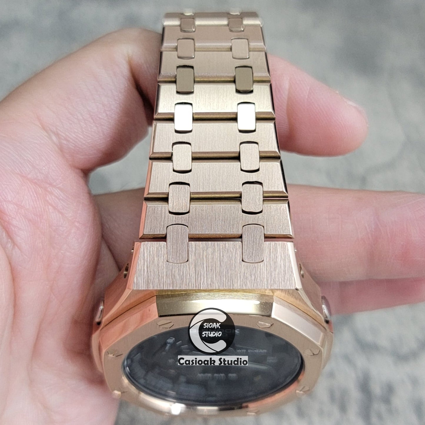 Casioak Mod Watch Rose Gold Case Metal Strap Black Time Mark Black Dial 44mm- Casioak Mod Casio G-Shock Royal Oak Custom Mens Luxury Watches Ga2100