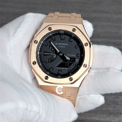 Casioak Mod Watch Rose Gold Case Metal Strap Black Time Mark Black Dial 44mm- Casioak Mod Casio G-Shock Royal Oak Custom Mens Luxury Watches Ga2100