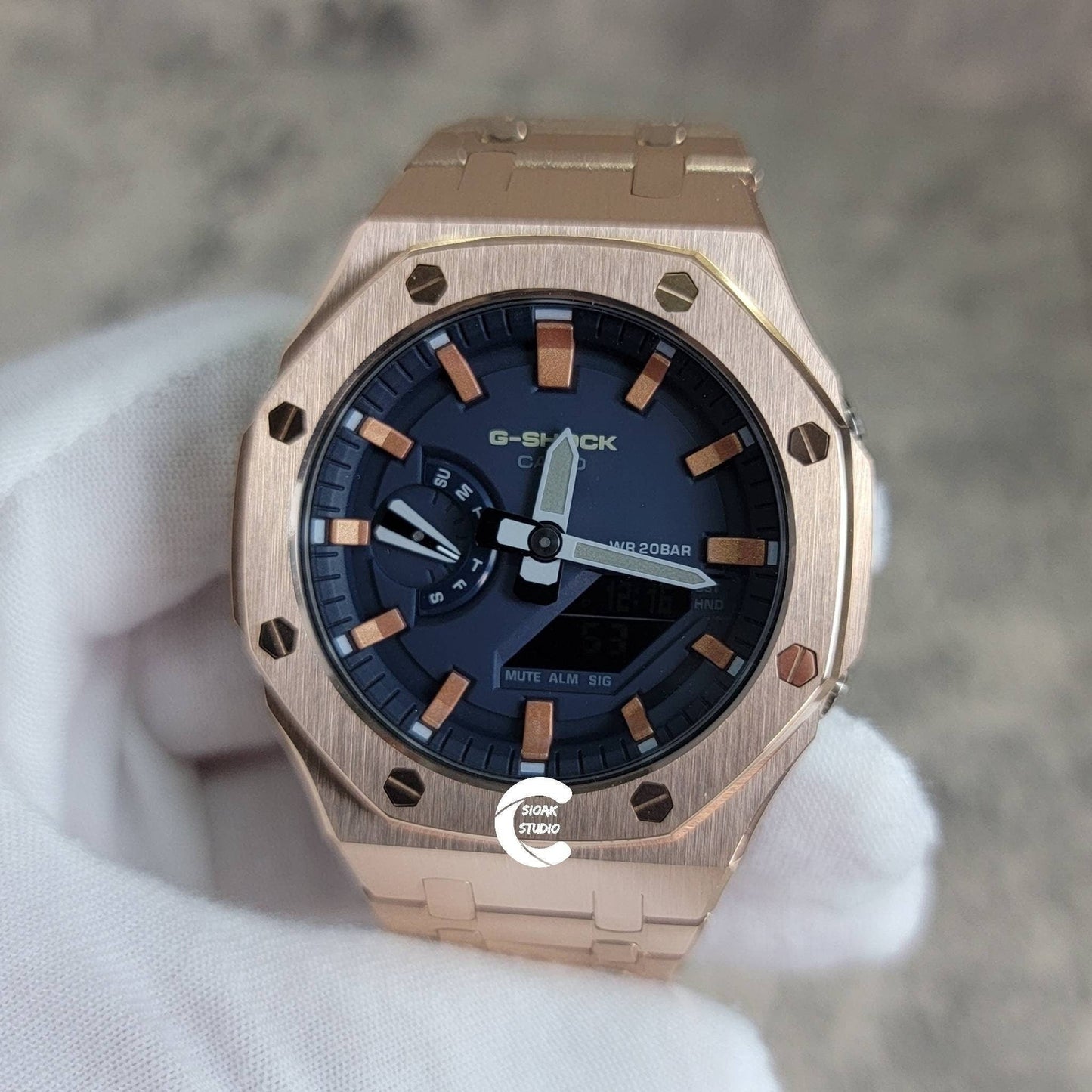 Casioak Mod Watch Rose Gold Case Metal Strap Blue Rose Gold Time Mark Blue Dial 44mm- Casioak Mod Casio G-Shock Royal Oak Custom Mens Luxury Watches Ga2100