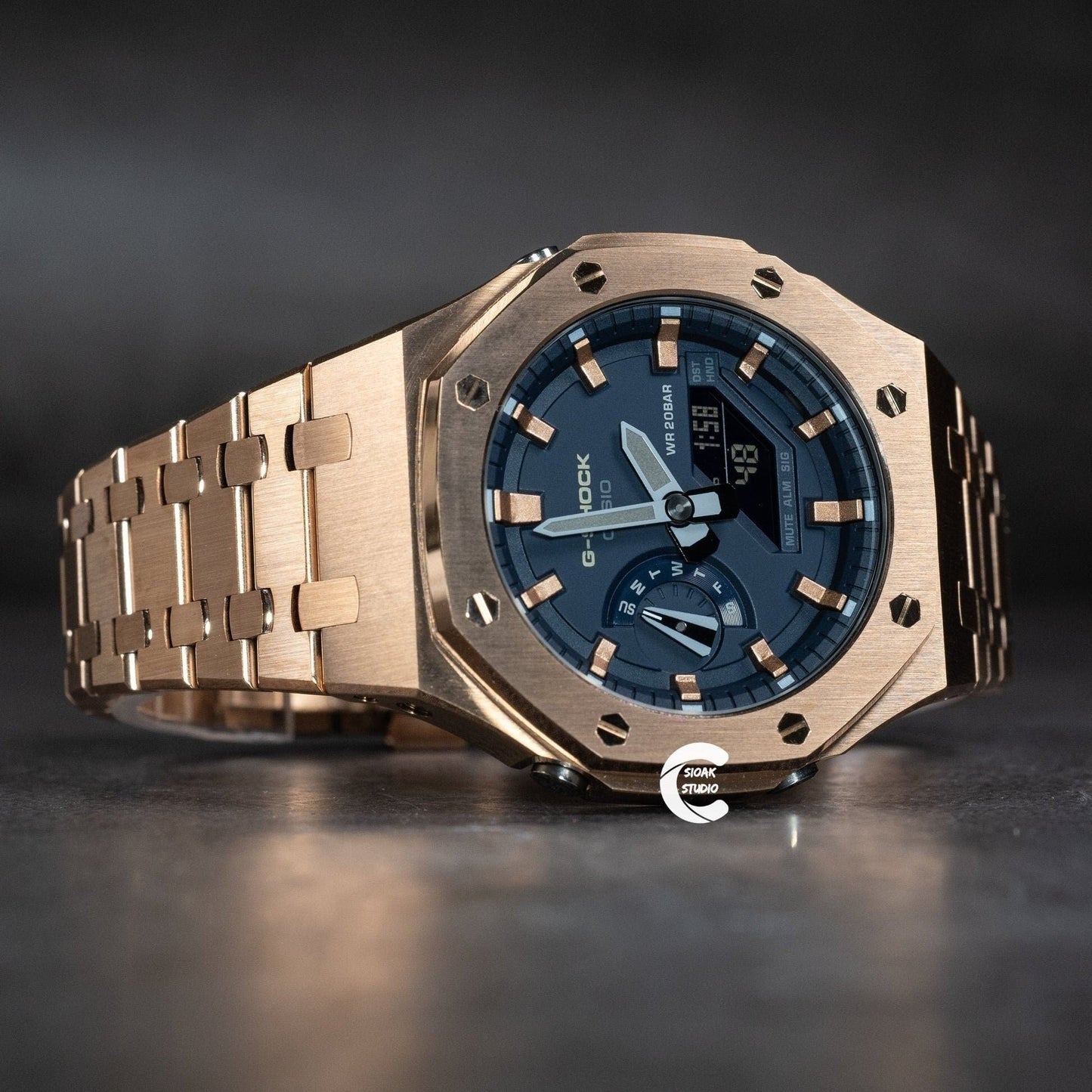 Casioak Mod Watch Rose Gold Case Metal Strap Blue Rose Gold Time Mark Blue Dial 44mm- Casioak Mod Casio G-Shock Royal Oak Custom Mens Luxury Watches Ga2100