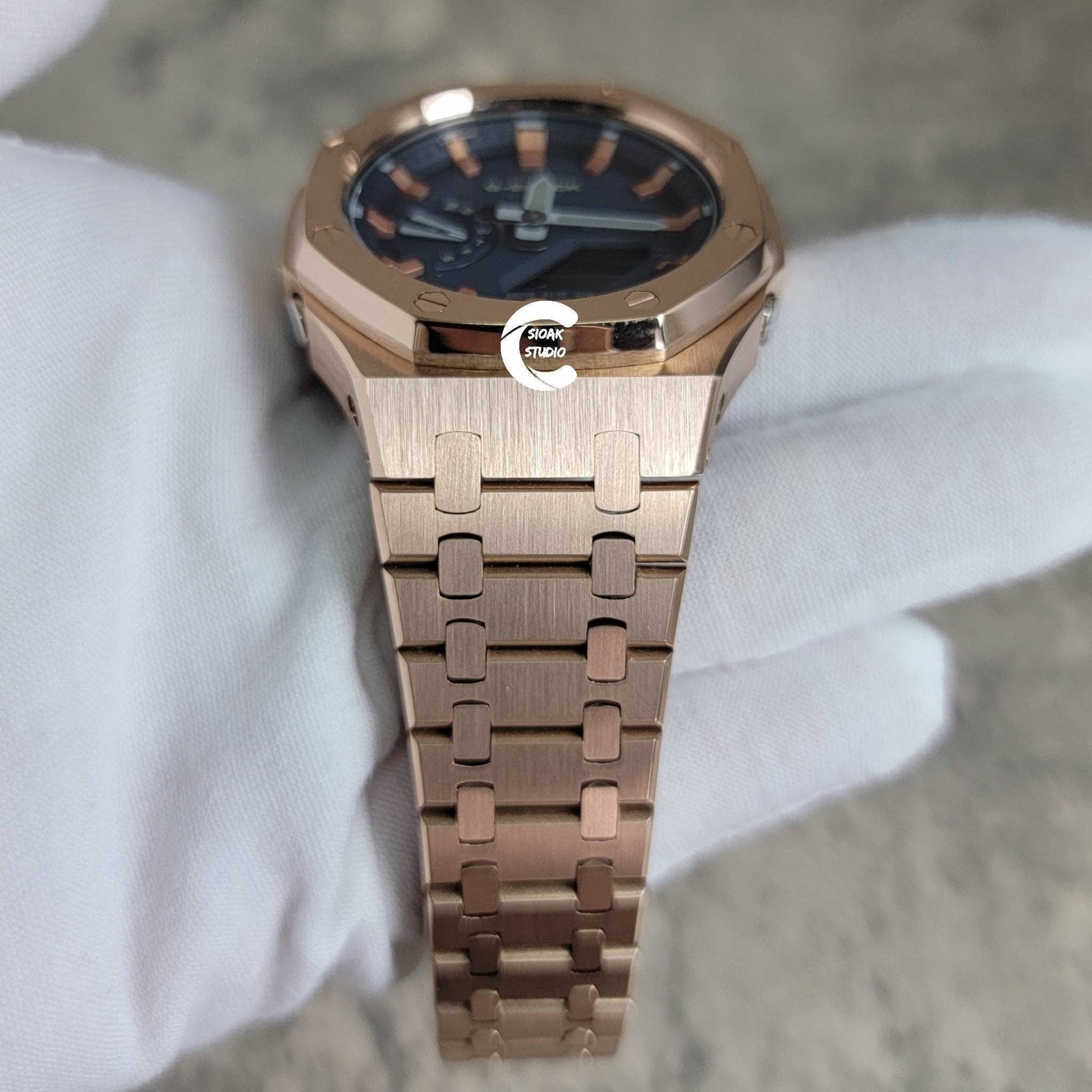 Casioak Mod Watch Rose Gold Case Metal Strap Blue Rose Gold Time Mark Blue Dial 44mm- Casioak Mod Casio G-Shock Royal Oak Custom Mens Luxury Watches Ga2100