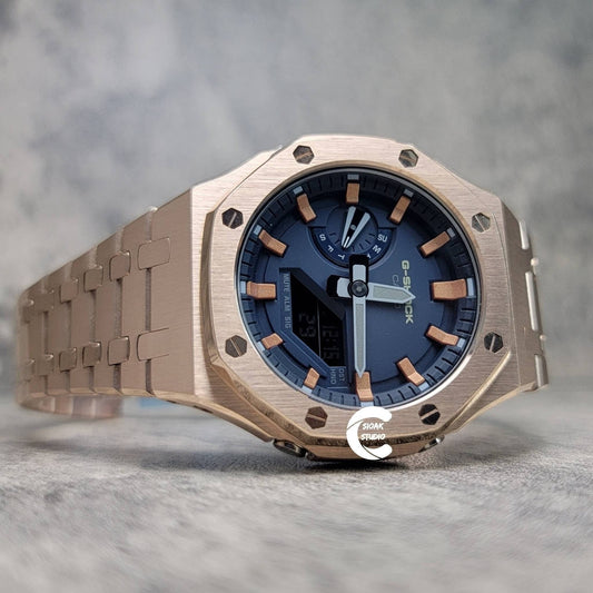 Casioak Mod Watch Rose Gold Case Metal Strap Blue Rose Gold Time Mark Blue Dial 44mm- Casioak Mod Casio G-Shock Royal Oak Custom Mens Luxury Watches Ga2100