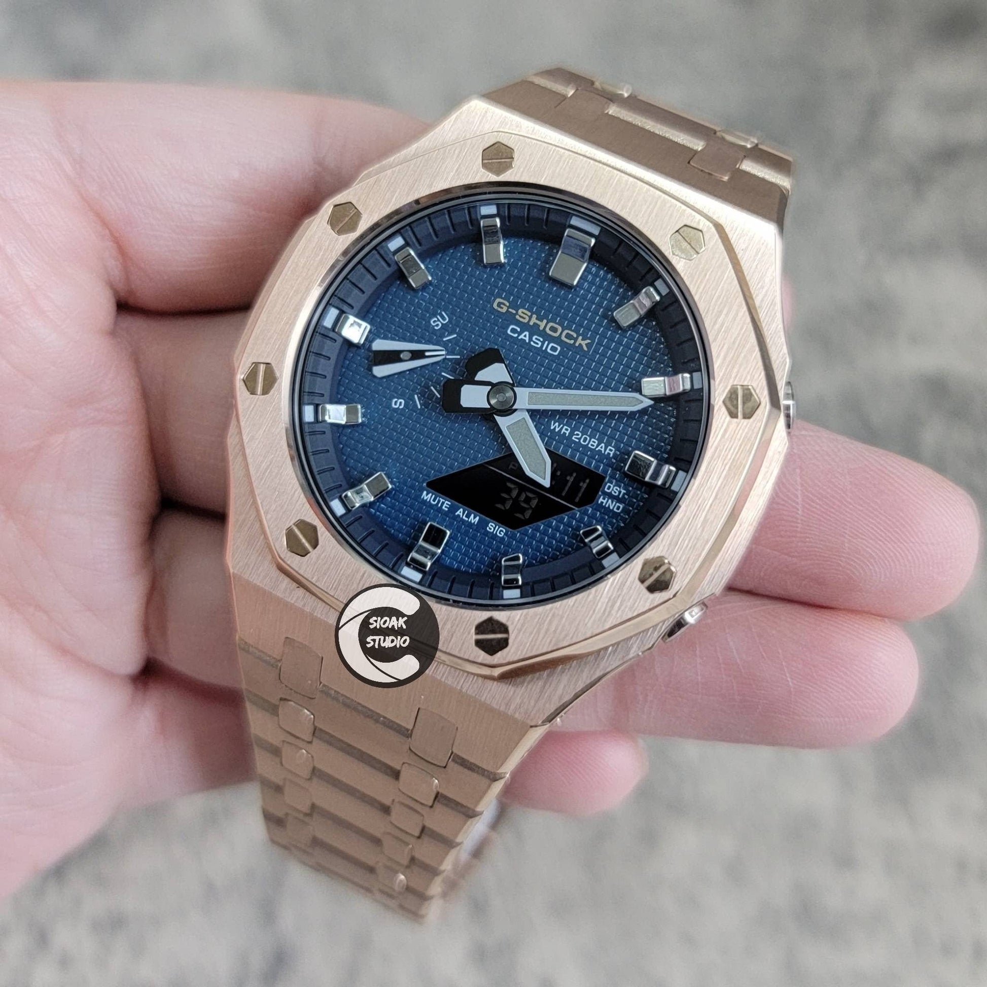 Casioak Mod Watch Rose Gold Case Metal Strap Blue Silver Time Mark Blue Dial 44mm- Casioak Mod Casio G-Shock Royal Oak Custom Mens Luxury Watches Ga2100