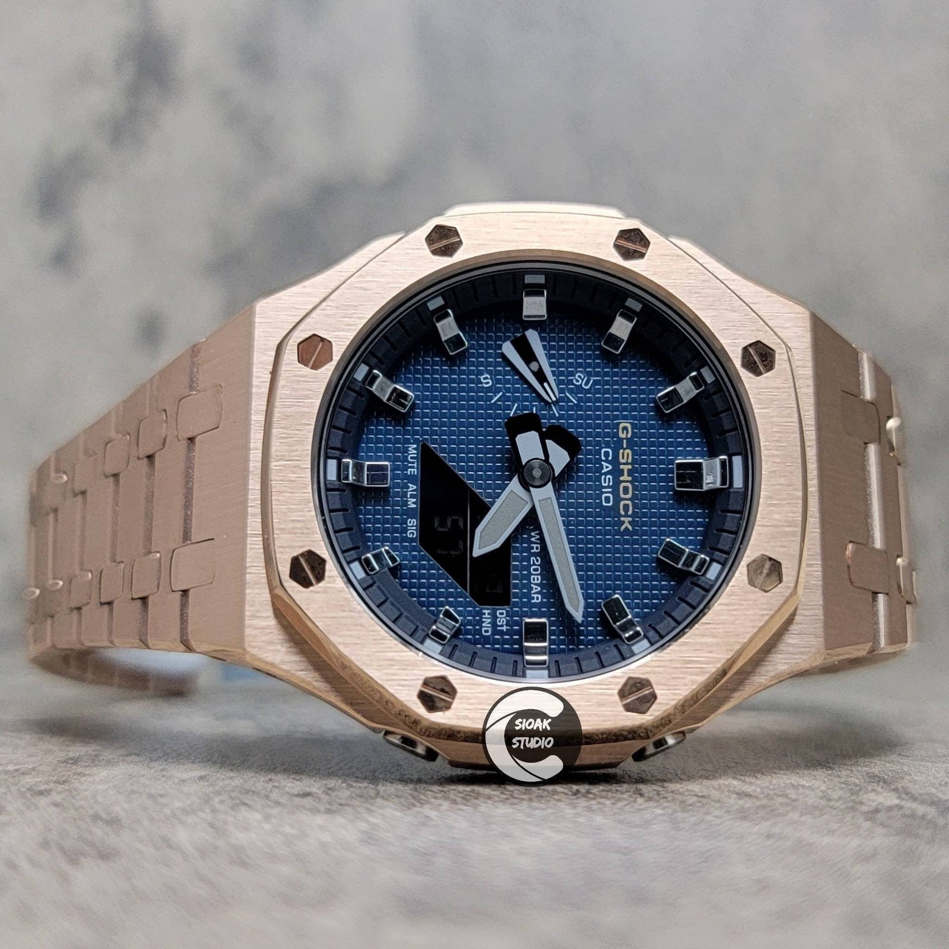 Casioak Mod Watch Rose Gold Case Metal Strap Blue Silver Time Mark Blue Dial 44mm- Casioak Mod Casio G-Shock Royal Oak Custom Mens Luxury Watches Ga2100