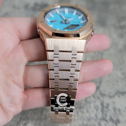 Casioak Mod Watch Rose Gold Case Metal Strap Light Gray White Time Mark Tiff Blue Dial 44mm- Casioak Mod Casio G-Shock Royal Oak Custom Mens Luxury Watches Ga2100