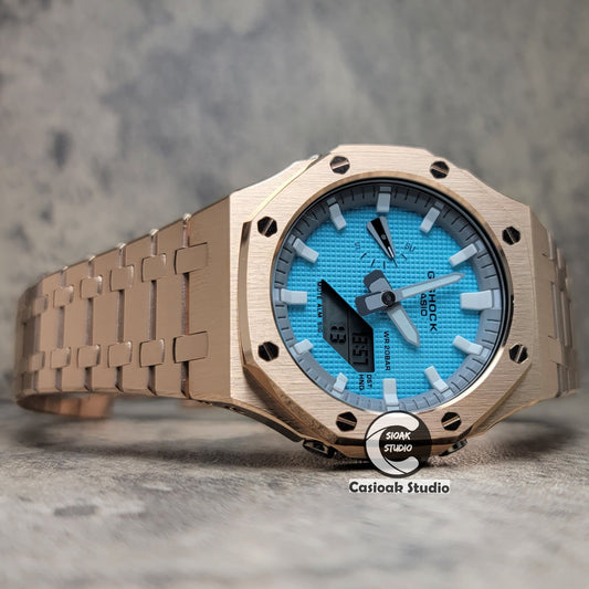 Casioak Mod Watch Rose Gold Case Metal Strap Light Gray White Time Mark Tiff Blue Dial 44mm- Casioak Mod Casio G-Shock Royal Oak Custom Mens Luxury Watches Ga2100