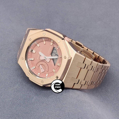 Casioak Mod Watch Rose Gold Case Metal Strap Pink Time Mark Pink Dial 42mm- Casioak Mod Casio G-Shock Royal Oak Custom Mens Luxury Watches Ga2100