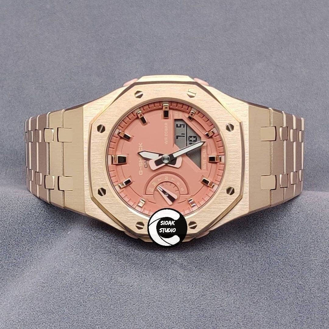 Casioak Mod Watch Rose Gold Case Metal Strap Pink Time Mark Pink Dial 42mm- Casioak Mod Casio G-Shock Royal Oak Custom Mens Luxury Watches Ga2100