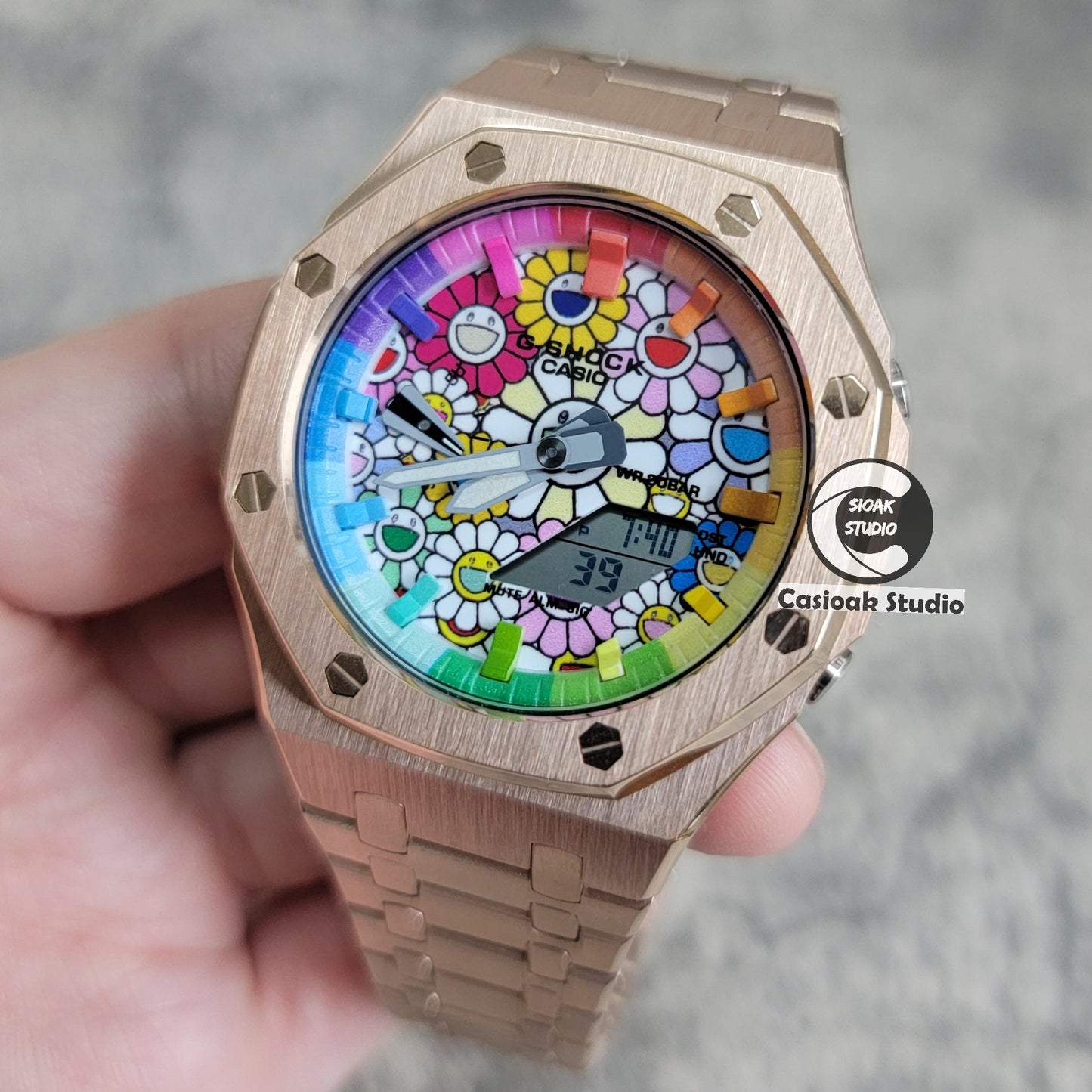 Casioak Mod Watch Rose Gold Case Metal Strap Rainbow Time Mark Takashi Murakami Dial 44mm- Casioak Mod Casio G-Shock Royal Oak Custom Mens Luxury Watches Ga2100