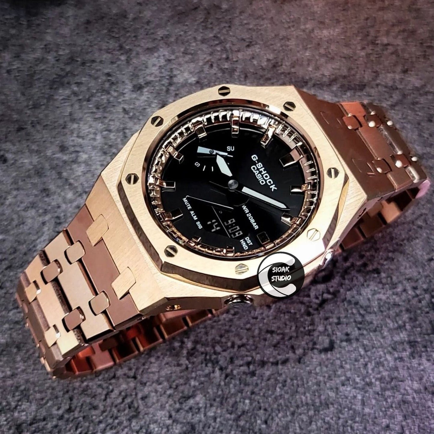 Casioak Mod Watch Rose Gold Case Metal Strap Rose Gold Time Mark Black Dial 44mm- Casioak Mod Casio G-Shock Royal Oak Custom Mens Luxury Watches Ga2100