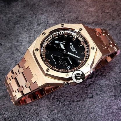 Casioak Mod Watch Rose Gold Case Metal Strap Rose Gold Time Mark Black Dial 44mm- Casioak Mod Casio G-Shock Royal Oak Custom Mens Luxury Watches Ga2100