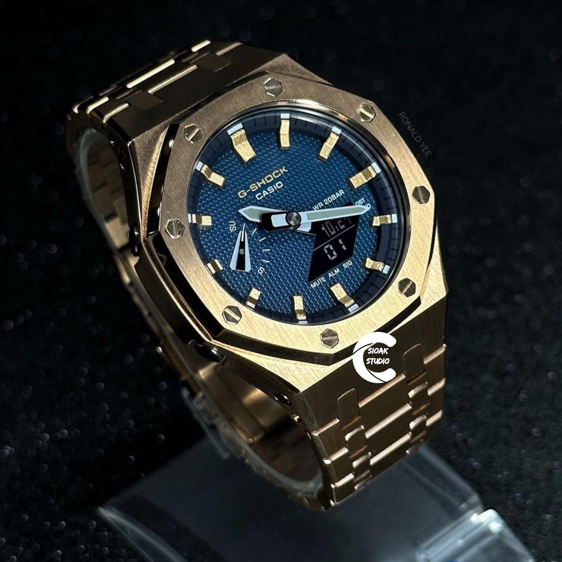 Casioak Mod Watch Rose Gold Case Metal Strap Rose Gold Time Mark Blue Dial 44mm- Casioak Mod Casio G-Shock Royal Oak Custom Mens Luxury Watches Ga2100