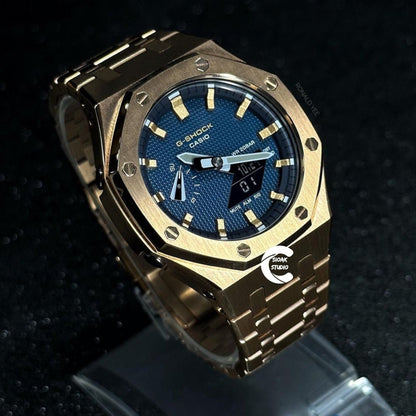 Casioak Mod Watch Rose Gold Case Metal Strap Rose Gold Time Mark Blue Dial 44mm- Casioak Mod Casio G-Shock Royal Oak Custom Mens Luxury Watches Ga2100