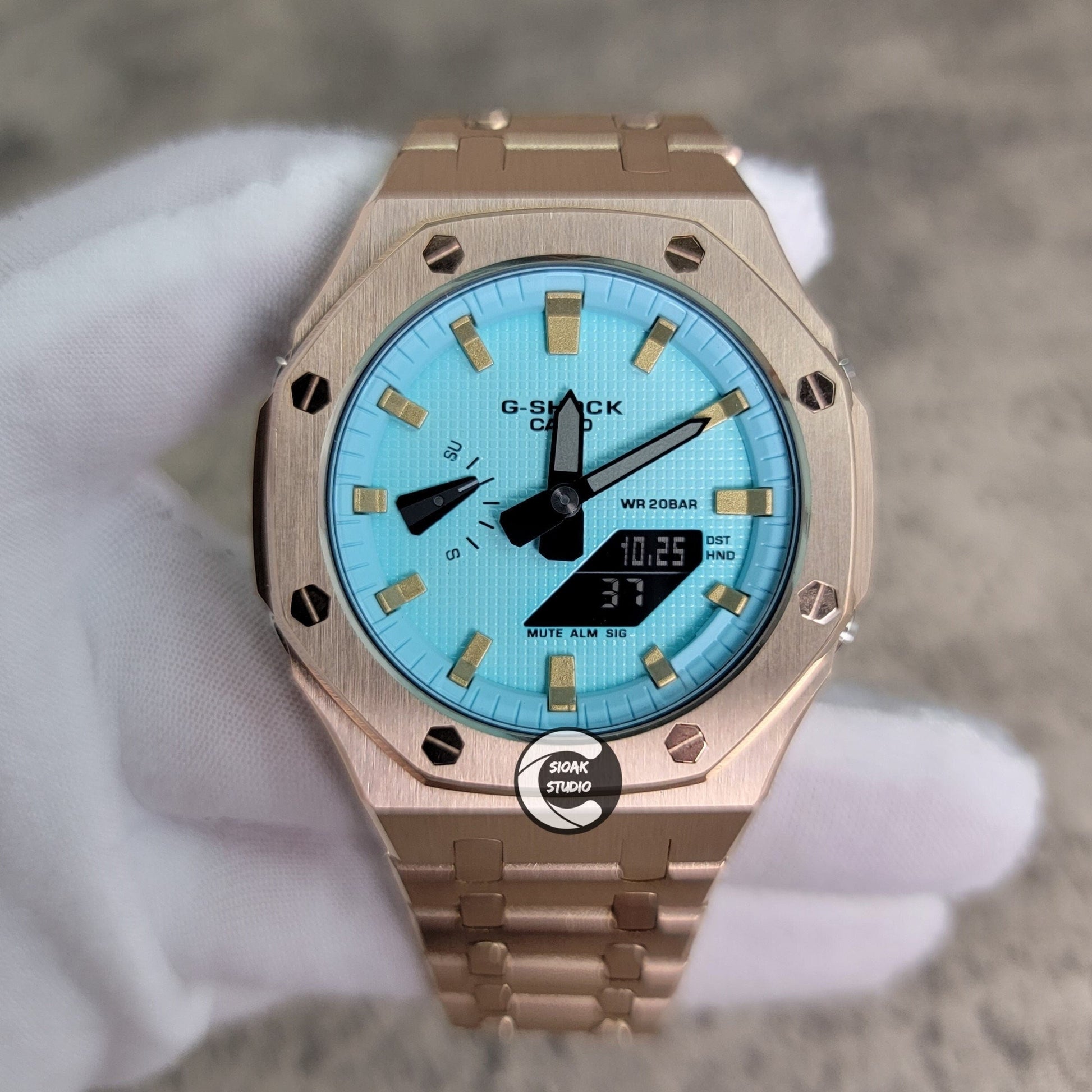 Casioak Mod Watch Rose Gold Case Metal Strap Tiff Gold Time Mark Tiff Blue Dial 44mm- Casioak Mod Casio G-Shock Royal Oak Custom Mens Luxury Watches Ga2100